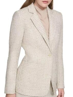 Calvin Klein Cream w/Gold Patch Pocket Tweed Women's Blazer Jacket Size 12P NWT